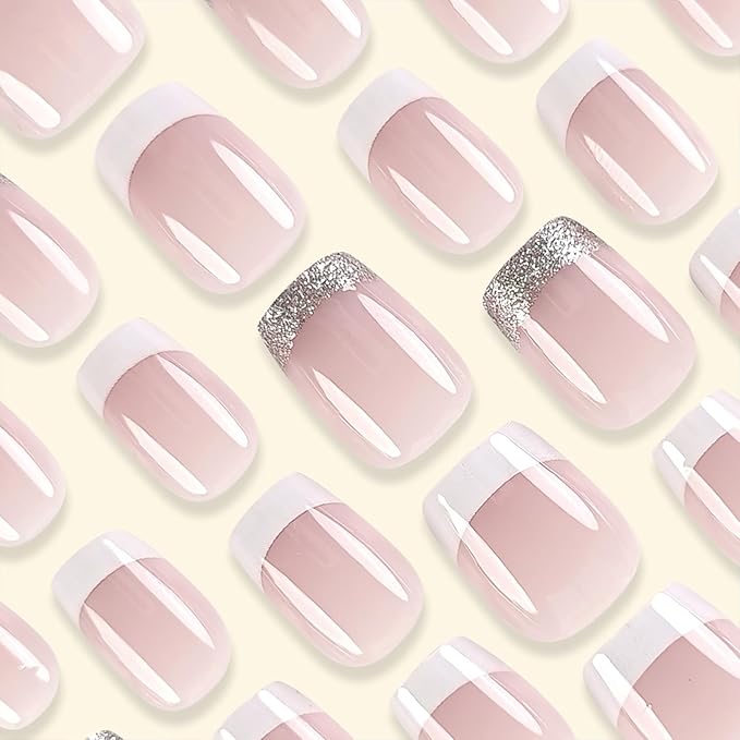 French Tip Glitter Short Square Fake Nails - Pink & White Glossy Design, Sparkly False Nails Glue On with Full Cover Acrylic Stick On Nails - 24 Pcs