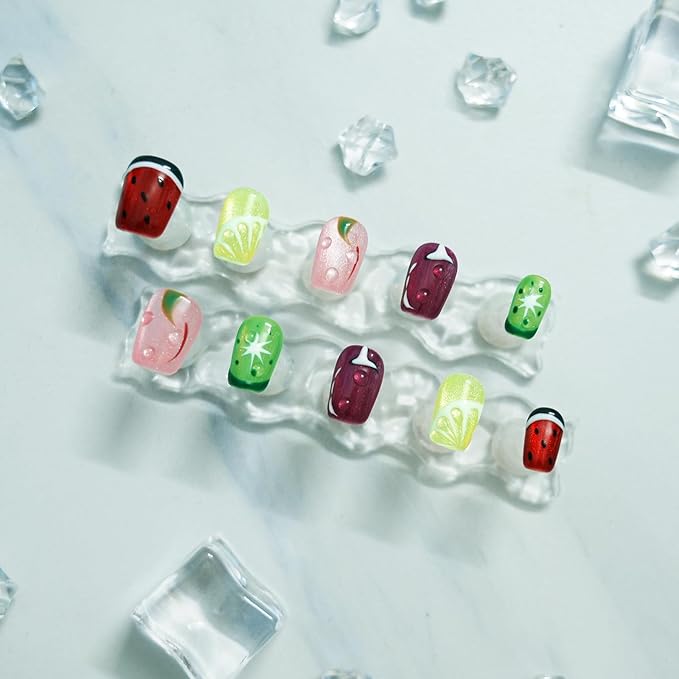 Glitter Press on Nails Short Coffin Summer Fruit Nails Cateyes with 3D Water Drop, Hand-painted Watermelon & Lemon Art, Reusable Acrylic Full Cover Fake Nails, 10pcs (Fruit Party,S)