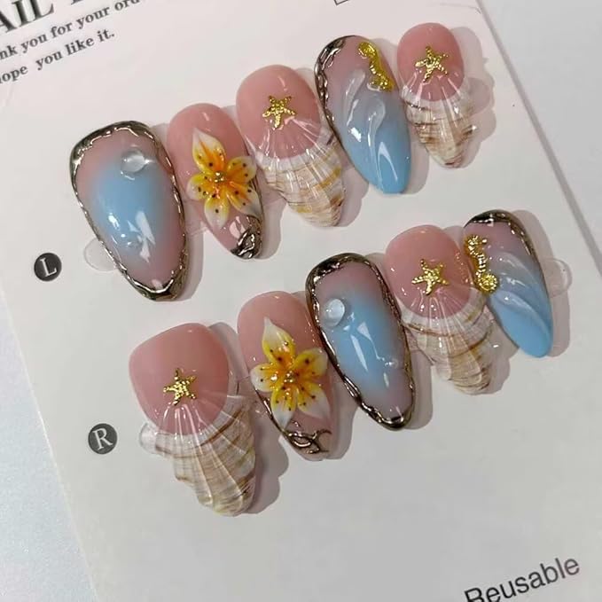 Press On Nails - Handmade Medium Length Almond French Tip Fake Nails, Shell Painting Design, Reusable Artificial Almond False Nails for Women 10 Pcs Acrylic Nails Kit (Size L)