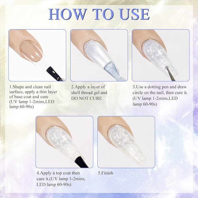 MIZHSE Pearl White Gel Nail Polish, Shimmer Mermaid Gel Polish Glitter Gels Polish Swirl Shell Thread Effect Soak Off U V Salon Home DIY Manicure Use10ml