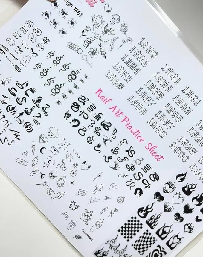 Gel & Acrylic Nail art Practice Sheet,Reusable Nail Art Training mat DIY Sticker Stencil Guide French Tip stiletto Nail Sculpting 3D Nail Design Worksheet Nail Tech Practice Gel X acrylic nails (17)