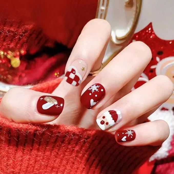 6 Packs (144 Pcs) Christmas Press on Nails Short Square Fake Nails Winter Xmas False Nails with Designs Snowflake Snowman Elk Glue on Nails Full Cover Glossy Acrylic Stick on Nail for Women Manicure