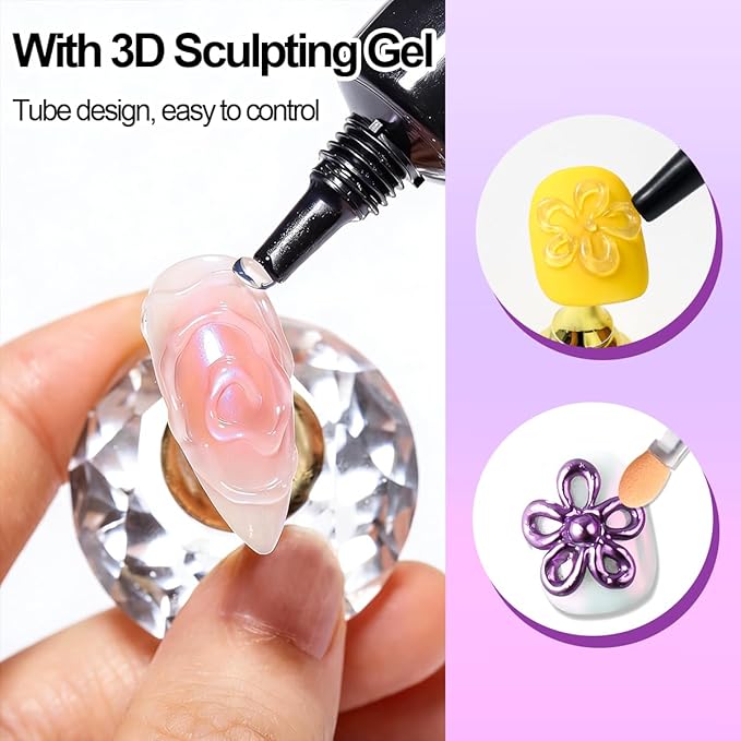 3D Nail Gel and Chrome Nail Powder Kit: 10g Sculpting Gel for Nail Art Metallic Mirror Effect Pigment Aurora Pearl Chrome Powder for Home DIY Salon Use (Purple)