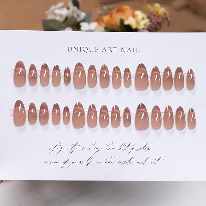 Cat Eye Nude Smile Press On Nails Medium Almond, Designer Reusable Acrylic Fake Nails with Glue, Glossy Soft Gel Nails Wedding and Party, Stick On Glue On Nails, Nails Press Ons for Women