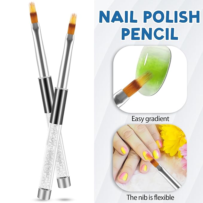 2pc Nail Art Ombre Gradient Brush Set, Nail Gradient Painting Brush Includes Sponge Tips Gel Nails Polish Drawing Brushes Pen Professional Manicure Tools with Rhinestone Handle, Nylon Bristles