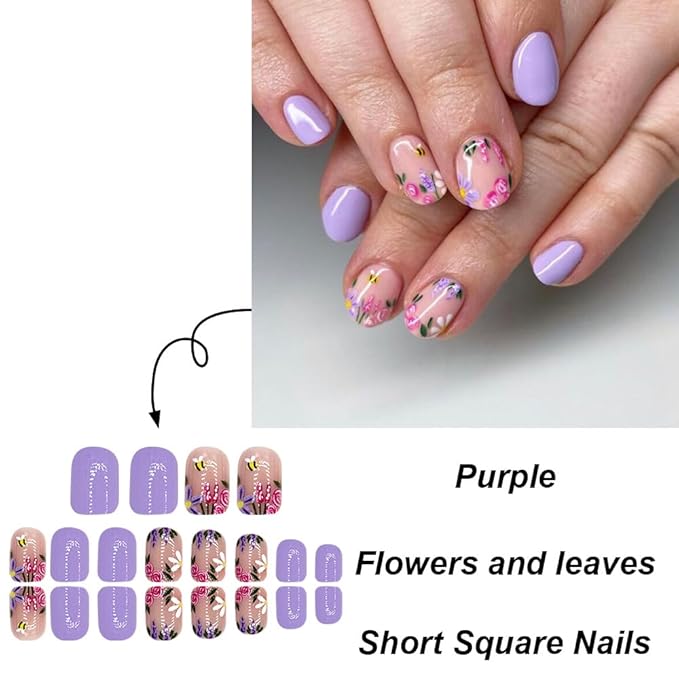 Purple Press on Nails Square Short Fake Nails Press ons Nail Tips Artificial Acrylic Kit Full Cover False Nails with Flower Leaves Glossy Design Stick on Nails for Women 24Pcs