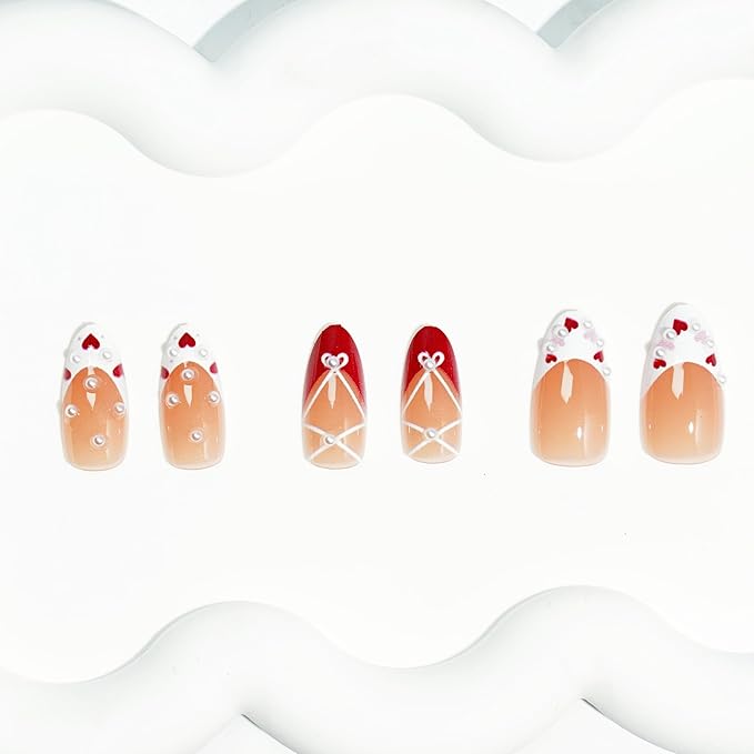 30Pcs Valentines Press on Nails Medium Almond Fake Nails with Pearl Rhinestones Designs Romantic Lips Heart False Nails Red White French Acrylic Nails Set Cute Pink Red Heart Stick on Nail for Women