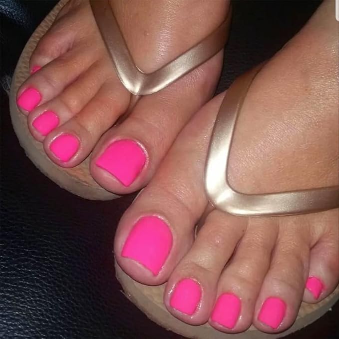 Hot Pink Press on Toenails Matte Short Fake Toe Nails Acrylic False Toesnail Square Cute Pressons Toenail Artificial Beach Full Cover Feet Nail for Women 24 Pcs (Hot Pink)