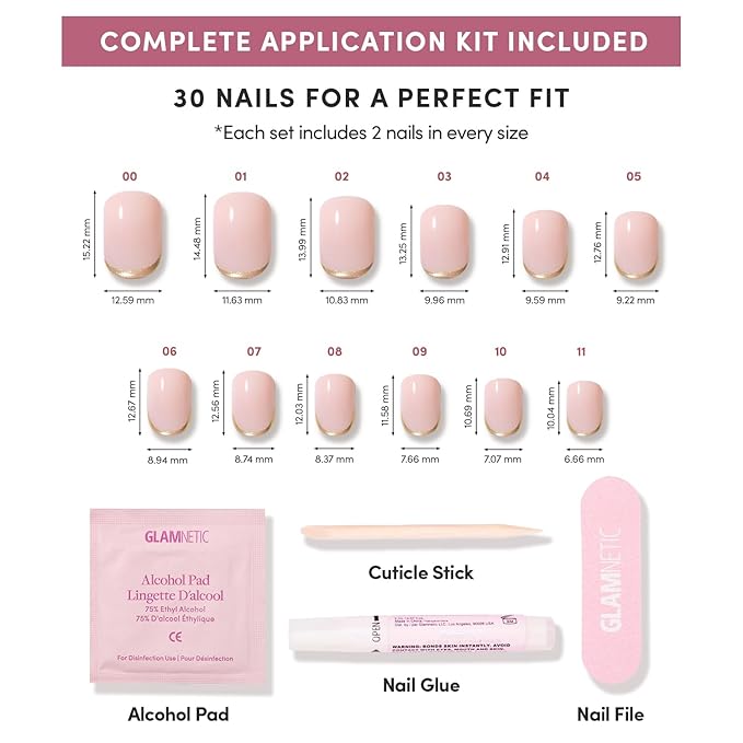 Glamnetic Press On Nails - Quiet Luxury | Super Short Neutral Fake Nails with Gold Reverse French Tip, Extra Short Salon Quality Nude Nails | 12 Sizes - 30 Nail Kit with Glue