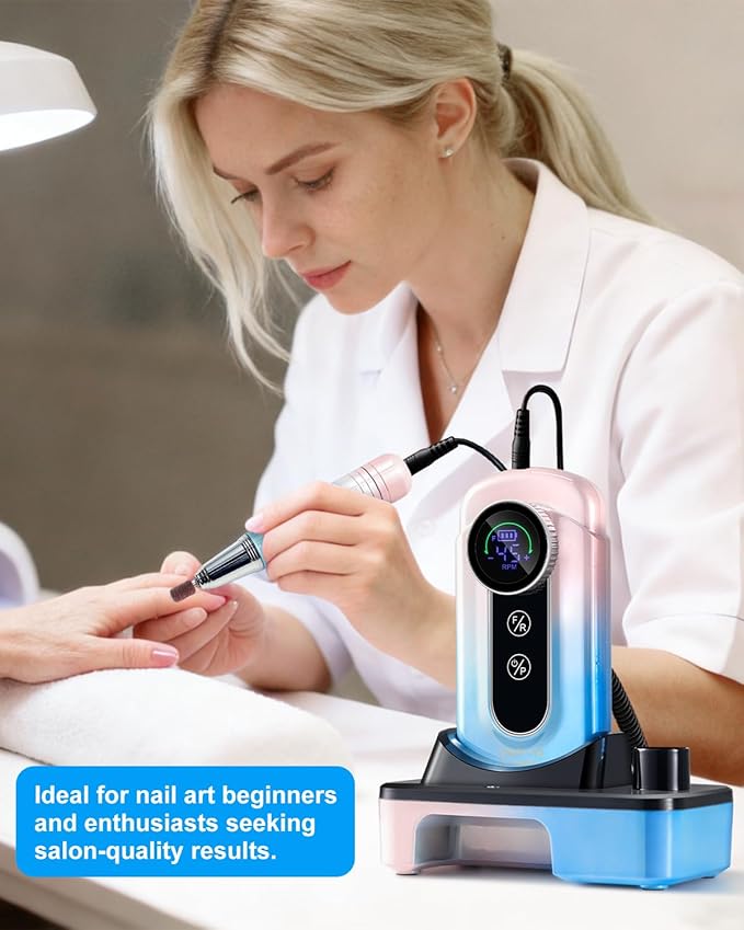 Professional Electric Nail Drill Kits 45000RPM Gradient Blue Portable Cordless 3-in-1 Nail File Machine with Rechargeable Stand and Nail Lamp for Acrylic Gel Polish Removing Home & Salon Use