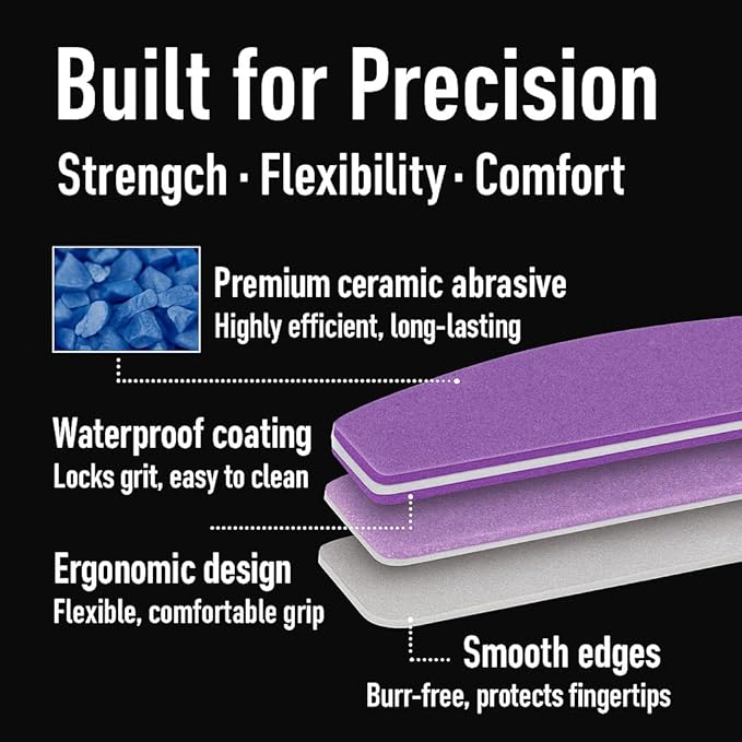 Professional Nail Files, Ceramic Board 100/180 Grit for Nails, 10 Pcs Washable Coarse Fingernail File for Acrylic and Extension Gel Removal Manicure Kit Salon Home Use, Grey