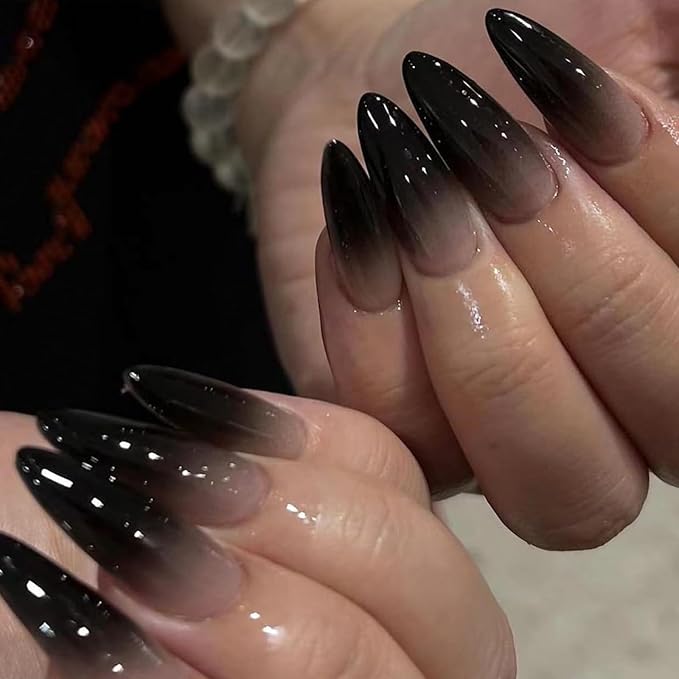 Black Press on Nails Medium Almond Fake Nails Press ons Medium False Nails with Designs Ombre Glossy Full Cover Acrylic Glue on Nails Halloween Stick on Nails for Women Nail Art Decoration 24Pcs