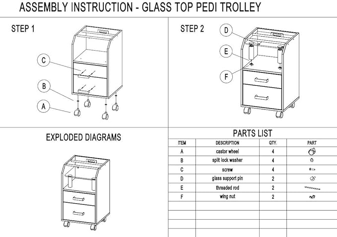 Glass Glow Pedicure Trolley Black Cart for Nail Salon Furniture & Equipment