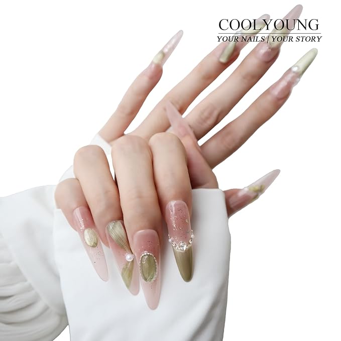 Handmade Press On Nails Long Green Press On Nails Acrylic Nude Nails Women Gifts French Press On Nails COOLYOUNG Handmade Nails, 15 PCS, Size M
