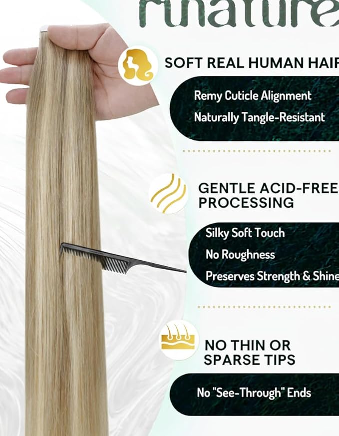 RUNATURE Tape in Human Hair Extensions Blonde Straight Human Hair Tape in Extensions Golden Blonde Mix Light Blonde Tape in Hair Extensions 16 Inch Soft Hair Extensions Tape in Blonde 50g 20pcs