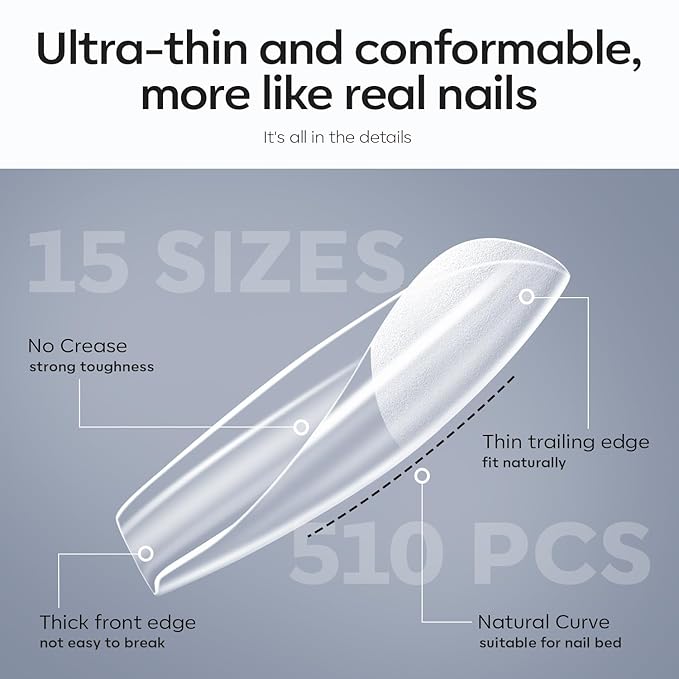 modelones X Nail Gel Kit Medium Coffin, Upgrade 510Pcs Fake Nails, 9-in-One Glue Prep Dehydrator & Portable Mini U V Light Acrylic Clipper, Coffin Tips Extension Kit for DIY Salon Home Gifts