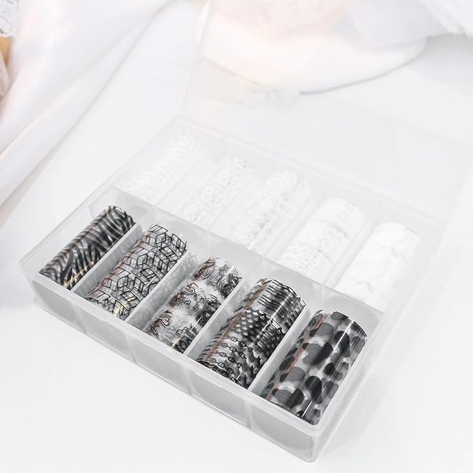 SILPECWEE 10 Rolls French Tips Strips Nail Foil Black and White Nails Design Nail Transfer Foil Holographic Nail Art Foils Fingernail Stickers Nails for Women 3D Nail Art Decoration
