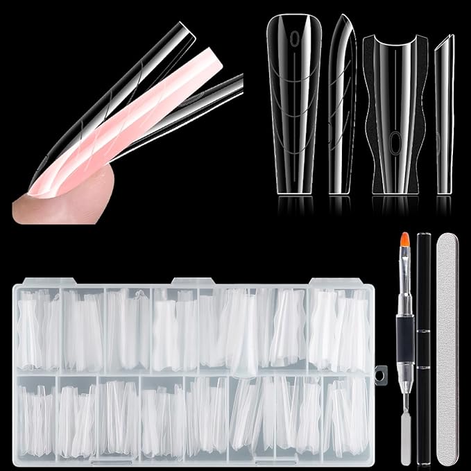 Sandwich Dual Nail Forms for Builder Gel, 180PCS Nail Forms with Brush Pen File Polygel Extension Tools Kit Top & Bottom Dual Form System Guide Lines Tips Professional Manicure Supply (Coffin)
