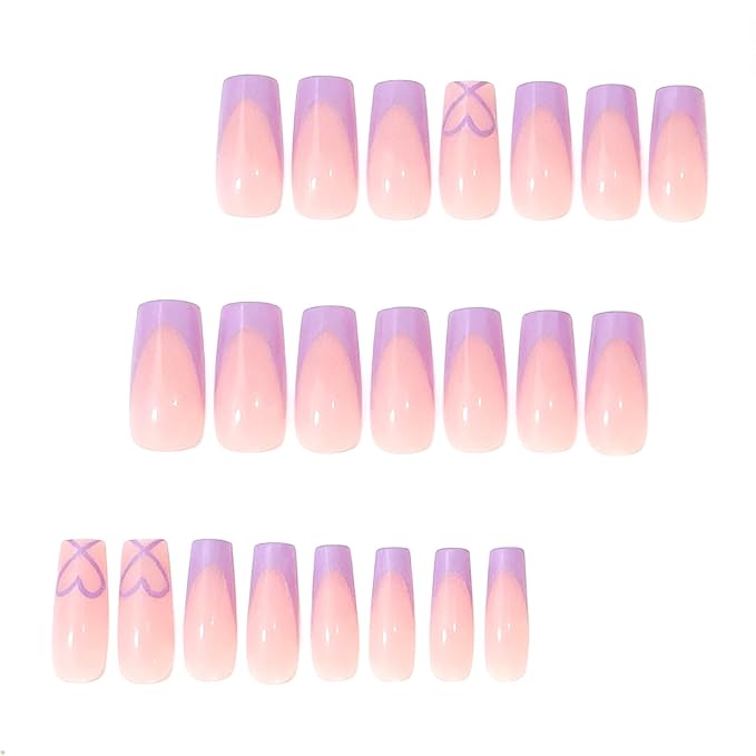 Coffin Press on Nails Medium - Purple French Tip Fake Nails with Heart Design - Glossy Full Cover Stick on False Nails - for Women 24 Pcs