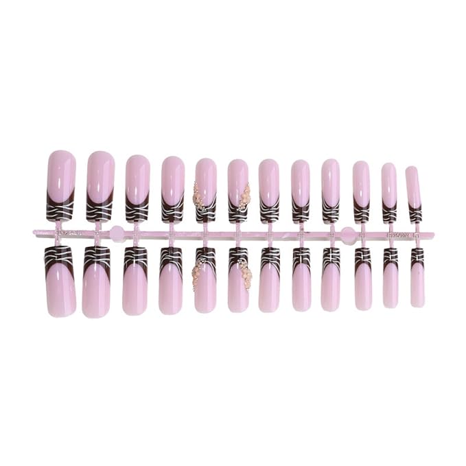 Long Press on Nails Square Fake Nails Brown Artificial Nail Floral and Leopard Designs French Stick on Nail for Women 24pcs