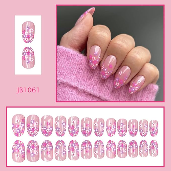 24Pcs Pink Flower Press on Nails Almond Shaped Fake Nails Nude Pink Full Cover with Designs Stick on Nails Medium Glossy False Nails Spring Glue on Nail for Women Manicure Art Kit