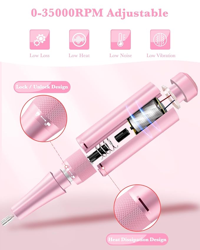 ENGERWALL Rechargeable Nail Drill 35000RPM, Professional Portable Electric Nail File for Acrylic Gel Nails, Cordless E-File Kit with 7 Bits & 56 Sanding Bands for Manicure Pedicure, Pink-Blue