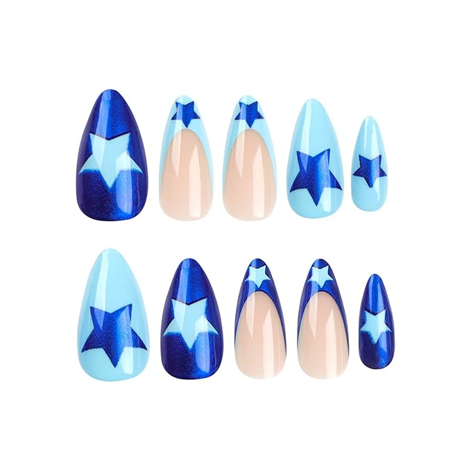Press On Nails Medium Almond ABS Plastic False Nails 24Pcs, French Tip, Stars Pattern, Glossy Finish, Full Cover, Y2K Style, 24 Fl Oz (Pack of 1)