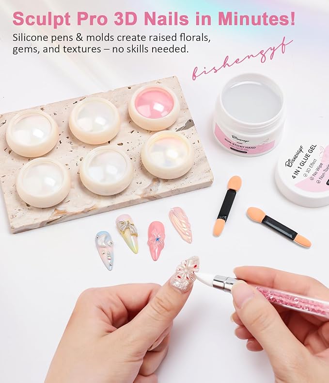 Solid Builder Gel and Chrome Nail Powder Kit BISHENGYF: 60g 4 In 1 No Wipe 3d Sculpting Nail Gel Aurora Pink White Pearl Chrome Nail Powder Clear Non-Sticky Hand Extension Glue for Nail Decoration