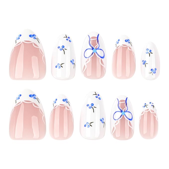 Summer French Tip Press on Nails Short Almond Fake Nails Cute White Nails Press ons with Blue Berries,Bow,Lace Design Full Cover Stick on Nails for Women Manicure,Reusable | Easy Apply | 24Pcs