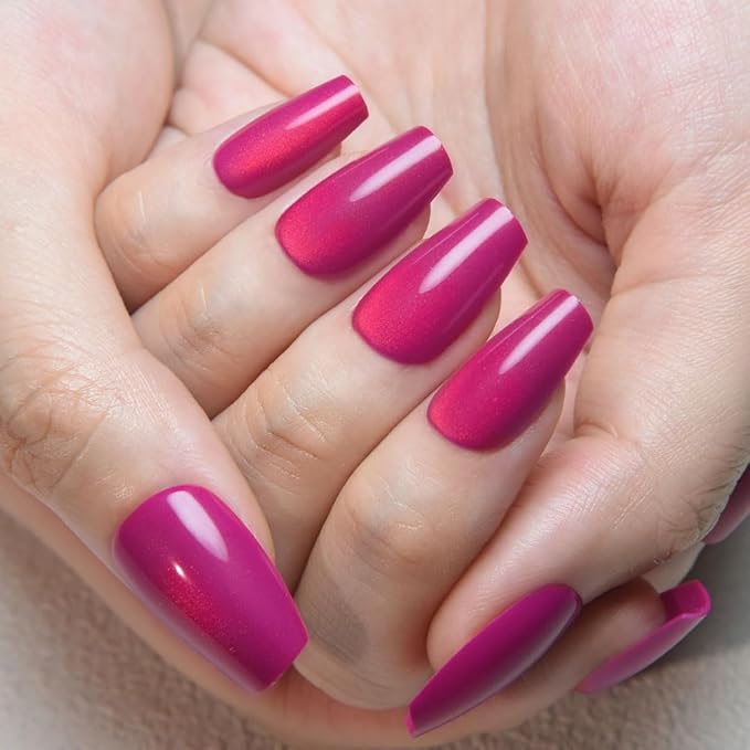 evpct Purple Red Cat Eye Coffin Press on Nails Square Medium, Medium Square Stick on Nail for Women, Purple Red Metallic Glitter Glossy Reusable Summer Soft Gel Press on Acrylic Fake Nail with Designs
