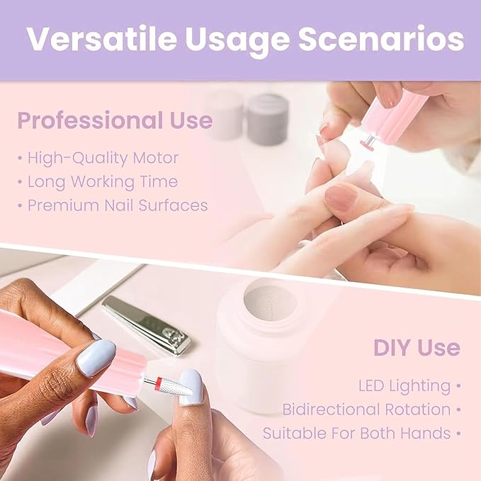 Professional Electric Nail Drill File, Cordless Nail Drill Machine kit for Acrylic Gel Dip, 12 in 1 Nail Machine Kit Portable Rechargeable Manicure Pedicure Tools for Home Salon(Pink)