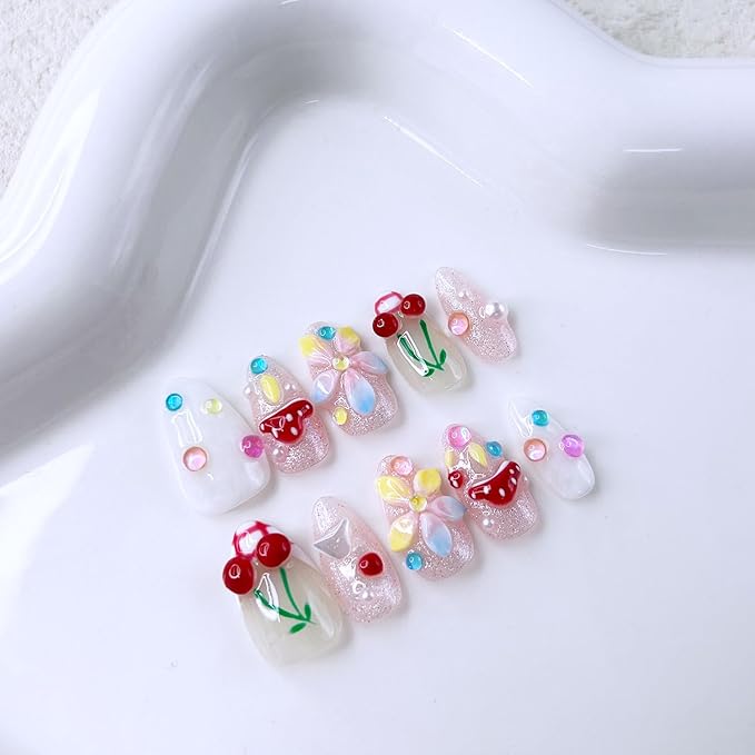 Short Almond Press on Nails Luxury Handmade Nails with Glue,3D Cherry Mushroom Rhinestone Designs False Nails Handmade Nail Press ons Muti-Layer Gel French False Nails for Women (Size S)