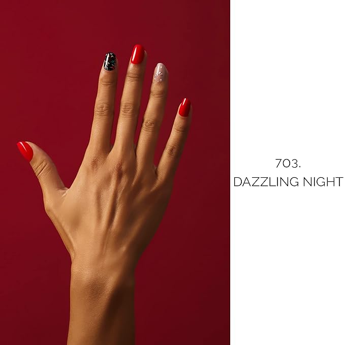 NAILOG Semi Cured Gel Nail Strips for Christmas Day, 20Pcs Red Candy Lasting Gel Nail Stickers, Salon Quality Easy Apply & Remove Works with Any UV/LED Nail Lamps, Dazzling Night