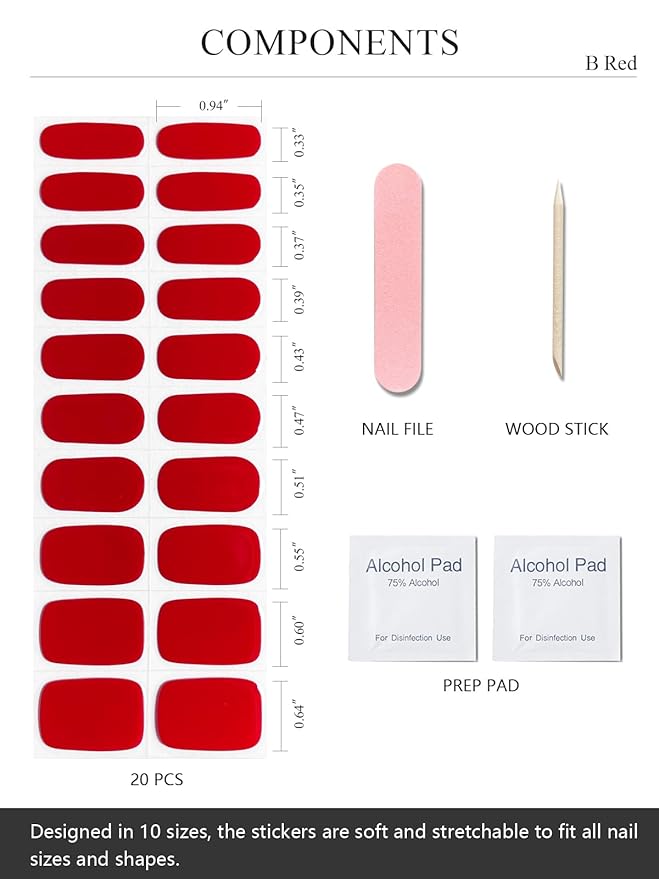 Semi Cured Gel Nail Strips (B Red), 20 Pcs Gel Nail Wraps, Stickers, UV Light Required, Salon Quality, Long Lasting