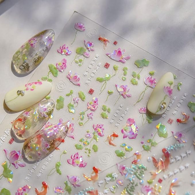 2Sheets Holographic Koi Fish and Lotus Flower Nail Art Stickers, Clear Transparent Design, Iridescent Effect