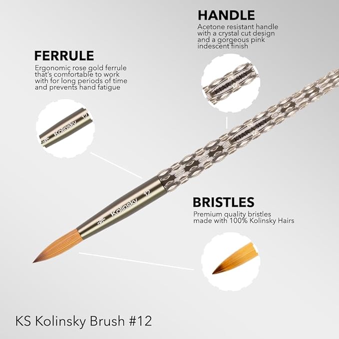 Kiara Sky Acrylic Brush #12 - Clear | 100% Pure Kolinsky | Crystal Cut Handle and Acetone Resistant