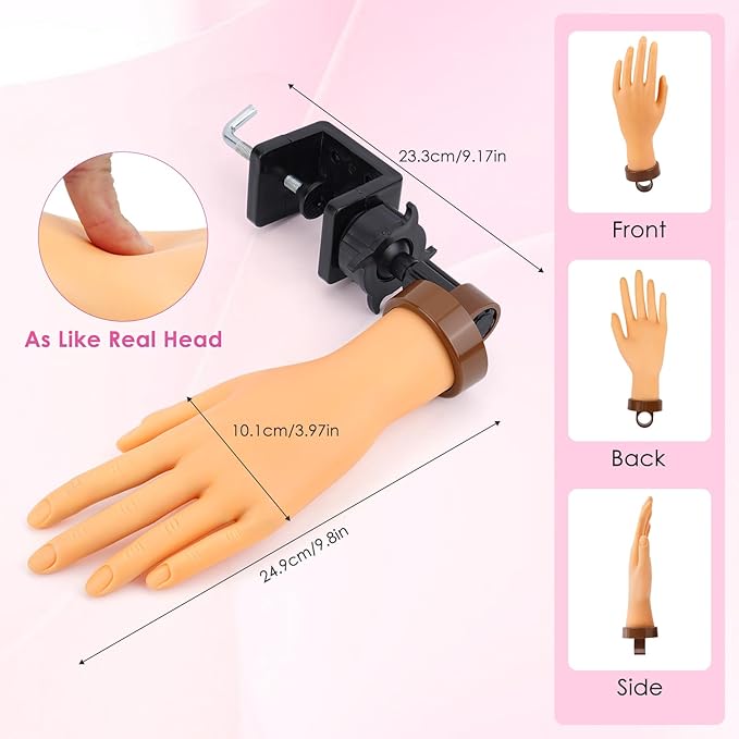 Yokilly Practice Hand for Acrylic Nails, Bendable Soft Nail Practice Hand, Flexible Plastic Nail Hand Practice, Fake Mannequin Training Hand for Nails Practice (with Clamp Holder) / Black