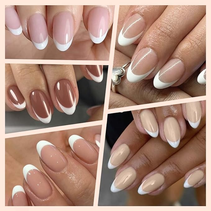 White French Tips Press on Nails Pack,Short Almond Fake Nails Press ons in 9 Different Base Color,Full Cover Stick on Nails for Women Manicure,12 Sizes | Reusable | Glue Tabs | Easy Apply | 216Pcs