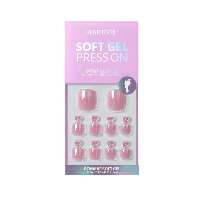 BTArtbox Chrome Press On Toenails, Pink Short Toenail Press Ons Square, Fit Perfectly Glazed Press On Toe Nails with Glue, Fake Toenails in 16 Sizes- 32 Toenails Kit, Honey Trap