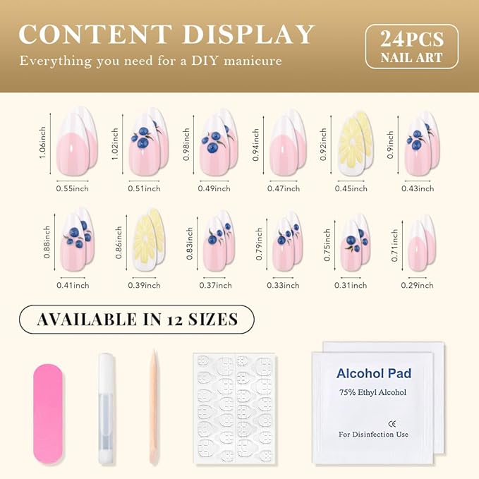 evpct French Tip Press on Nails Medium Almond, Nude Pink + White Tips, Artificial 3D Fake Nails Kit with Lemon Blueberry Designs, Stick on Nails with Nail Kit, 24Pcs Reusable Stick on Nail Kit Women