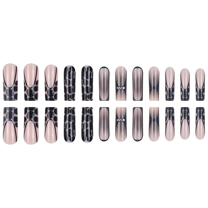 Long Press on Nails Square Fake Nails Black Artificial Nail French Tip Leopard Stick on Nail for Women 24pcs