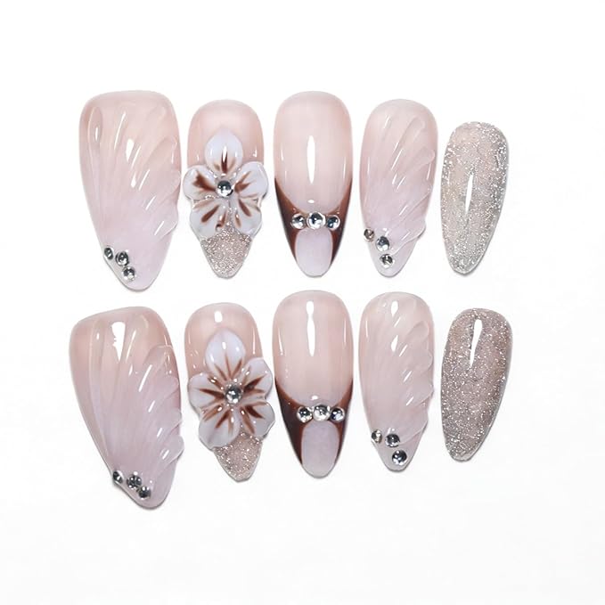 10 Medium Almond Handmade Press On Nails | Nude Pink Fake Nails with Shell Texture, 3D Floral, Brown French Tip & Rhinestone Accents | Easy Apply & Remove, Reusable Salon Quality Nails (5U08, M)