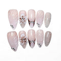 10 Medium Almond Handmade Press On Nails | Nude Pink Fake Nails with Shell Texture, 3D Floral, Brown French Tip & Rhinestone Accents | Easy Apply & Remove, Reusable Salon Quality Nails (5U08, S)