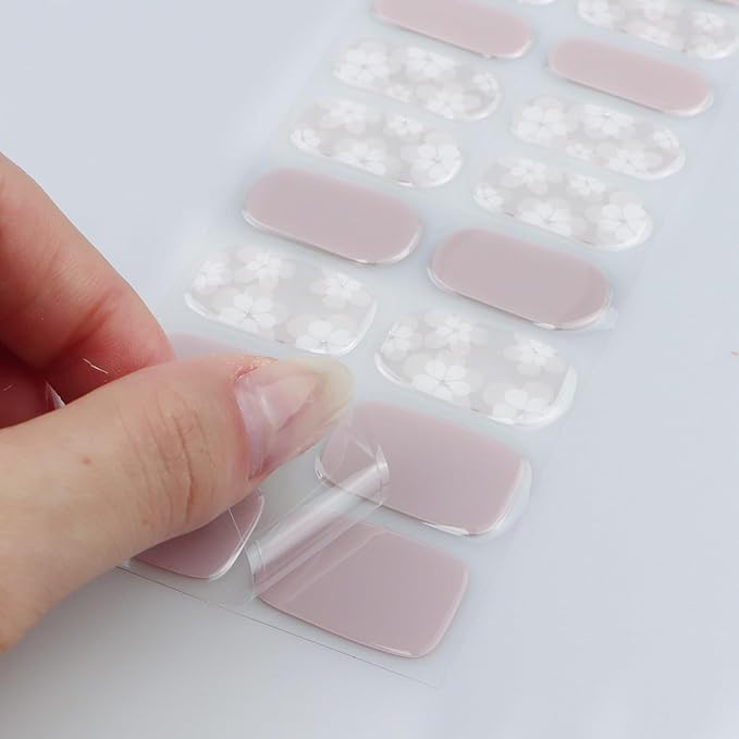 JMEOWIO Gel Nail Stickers White Flower Semi Cured Gel Nail Strips Wraps UV/LED Nails Art Design Decoration Accessories