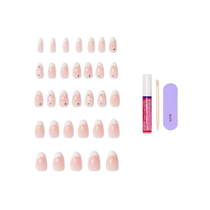 KISS GLAM, Press On Nails, Nail glue included, 'Serendipity Awaits', White, Medium Size, Almond Shape, Includes 32 Nails, 2g Glue, 1 Manicure Stick, 1 Mini File