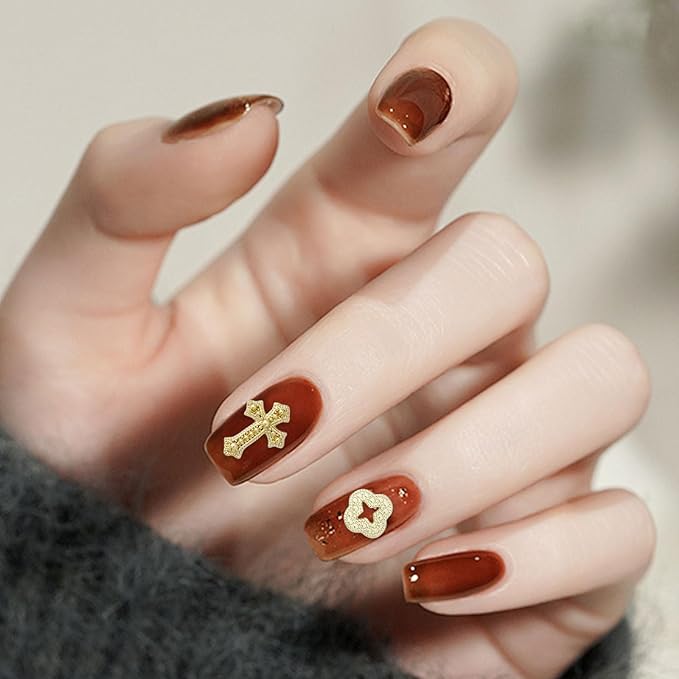 3D Cross Nail Charms for Nail Art, 60 Pcs Metal Crystal Cross Nail Decorations, Alloy Nail Studs and Rhinestones for Women Girl DIY Jewelry Crafts Supplies (Gold B)