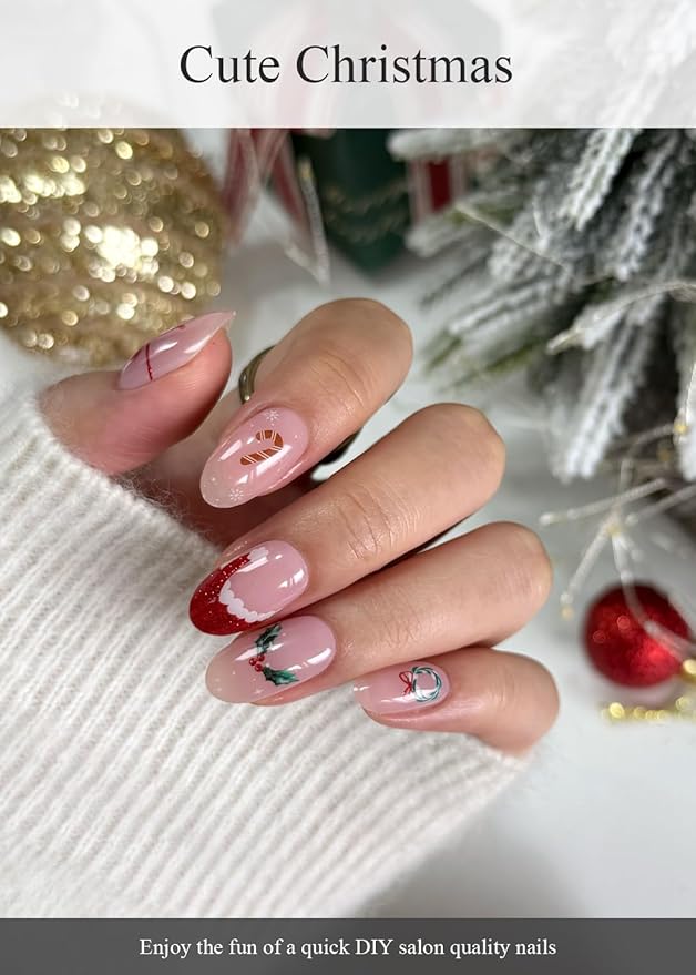 Semi Cured Gel Nail Strips (Cute Christmas), Red Santa Hat, 20 Pcs Gel Nail Wraps, Stickers, Wreath, Snowflake, Candy Cane, Works with Any UV Lamps