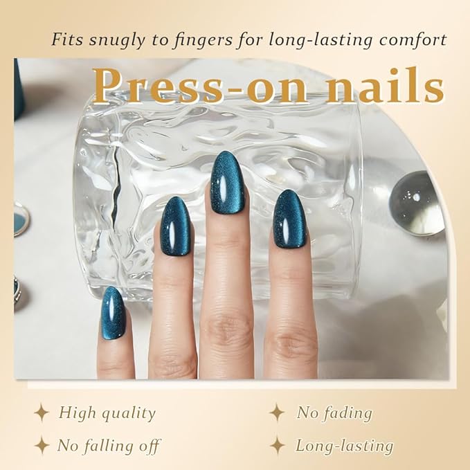 evpct Dark Blue Press on Nails Almond Short, Sapphire Royal Blue Cat Eye Glitter Press on Nails for Women Gift, Soft Gel Press Stick on Nail with Nail Kit, 60Pcs Reusable Acrylic Fake Nails Kit