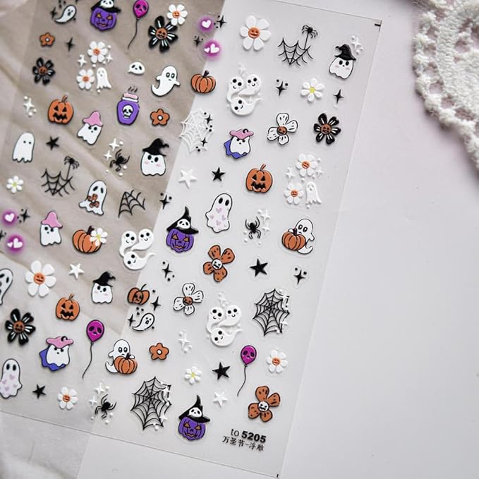 Halloween Nail Stickers 5D Embossed Cute Ghost Nails Designs Flower Nail Supplies 3D Self-Adhesive Colorful Spider Web Nail Decals Balloon Nail Art Decoration for Women Girls DIY Manicure 1 Sheet