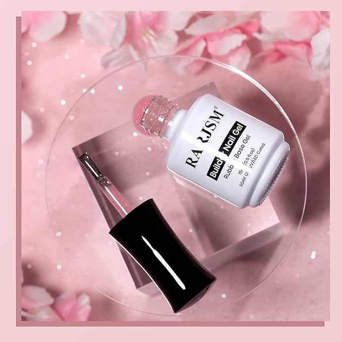RARJSM Nude Glitter Rubber Base Gel Nail Polish Rose Pink Sparkle Rainbow Iridescent Sheer Rubber Base for Nails Brush on Extend Builder Hard Gel Curing Requires 15ml Home Salon French Manicure